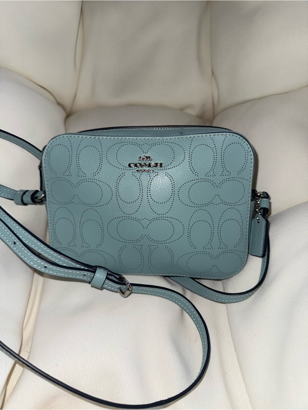 Coach Light Blue Perforated Signature Leather Crossbody Bag